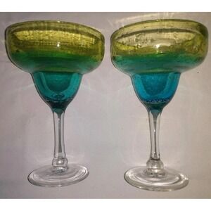 Pier 1 Hand Blown Aqua and Green MArgarita Glasses Ombre Set Of 2